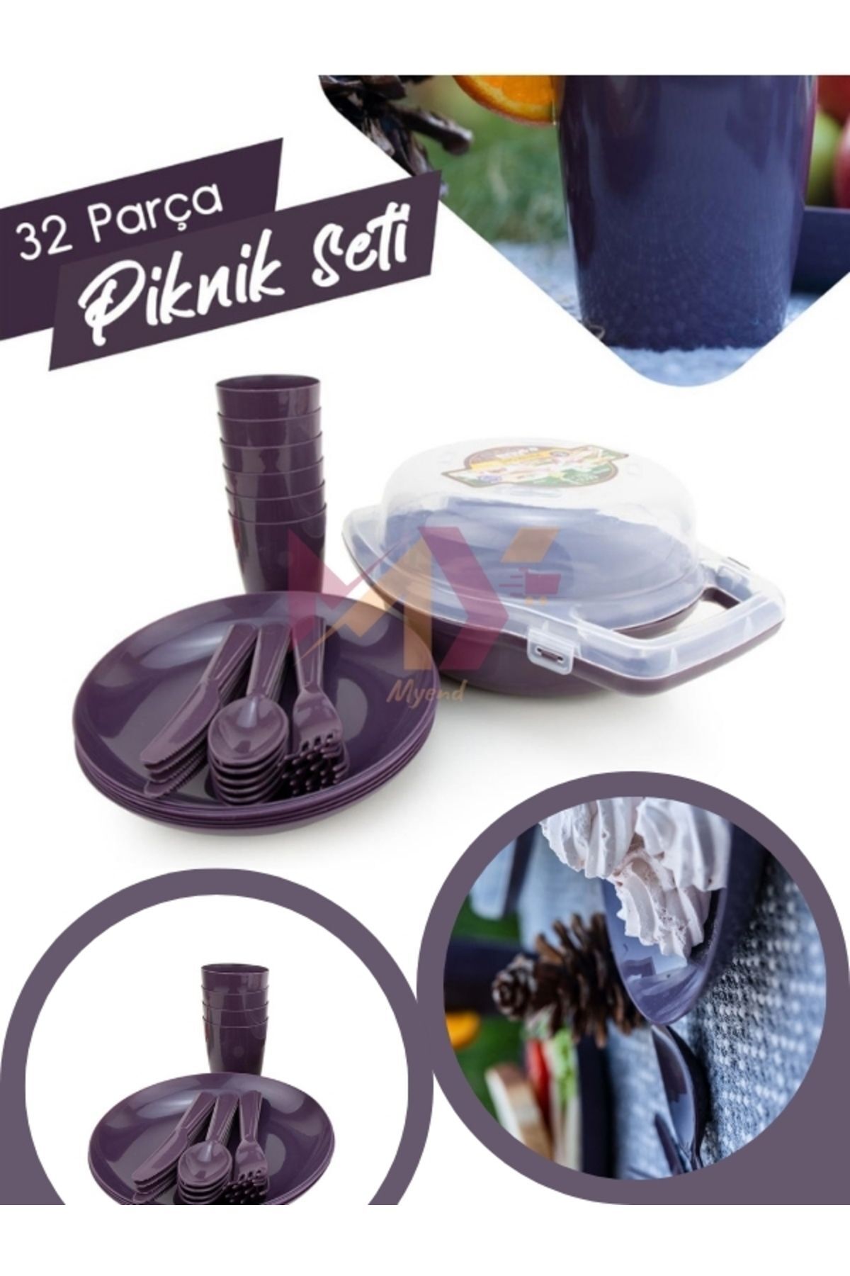 32 Parça Piknik Seti, Kilitli Taşıma Çantalı 32'li Plastik Piknik, Yolculuk Tabak Çatal Bardak Seti Mürdüm