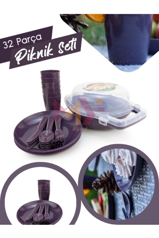 32 Parça Piknik Seti, Kilitli Taşıma Çantalı 32'li Plastik Piknik, Yolculuk Tabak Çatal Bardak Seti Mürdüm