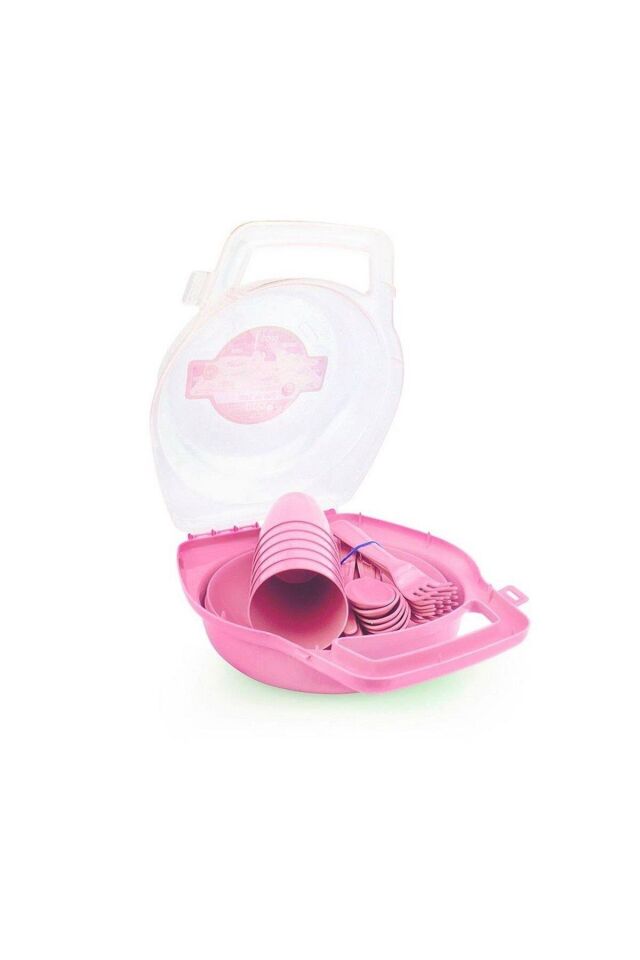 32 Parça Piknik Seti, Kilitli Taşıma Çantalı 32'li Plastik Piknik, Yolculuk Tabak Çatal Bardak Seti Pembe