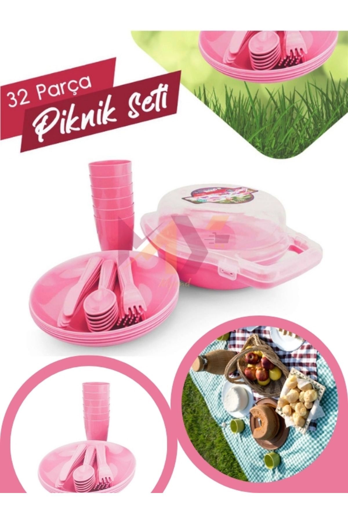 32 Parça Piknik Seti, Kilitli Taşıma Çantalı 32'li Plastik Piknik, Yolculuk Tabak Çatal Bardak Seti Pembe