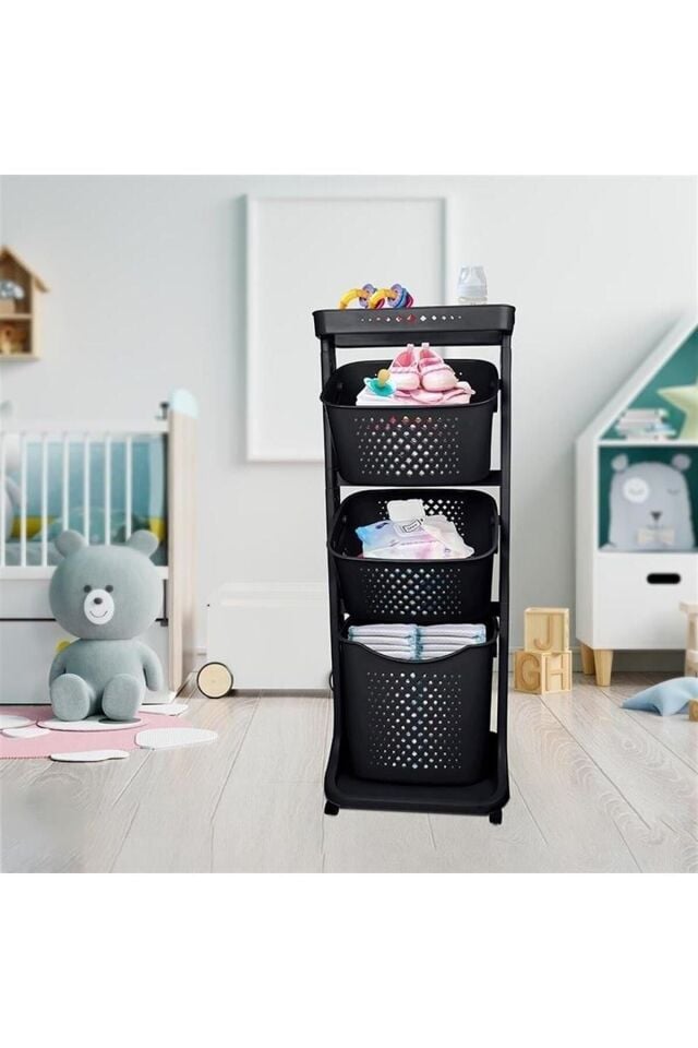 3 Katlı Sepet Titiz Kat Kat Organizer Çok Amaçlı Tekerlekli Banyo Mutfak Düzenleyici NO4 Siyah