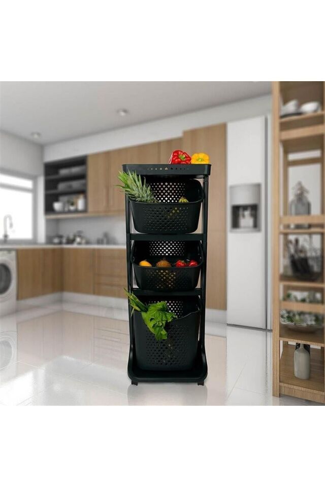 3 Katlı Sepet Titiz Kat Kat Organizer Çok Amaçlı Tekerlekli Banyo Mutfak Düzenleyici NO4 Siyah
