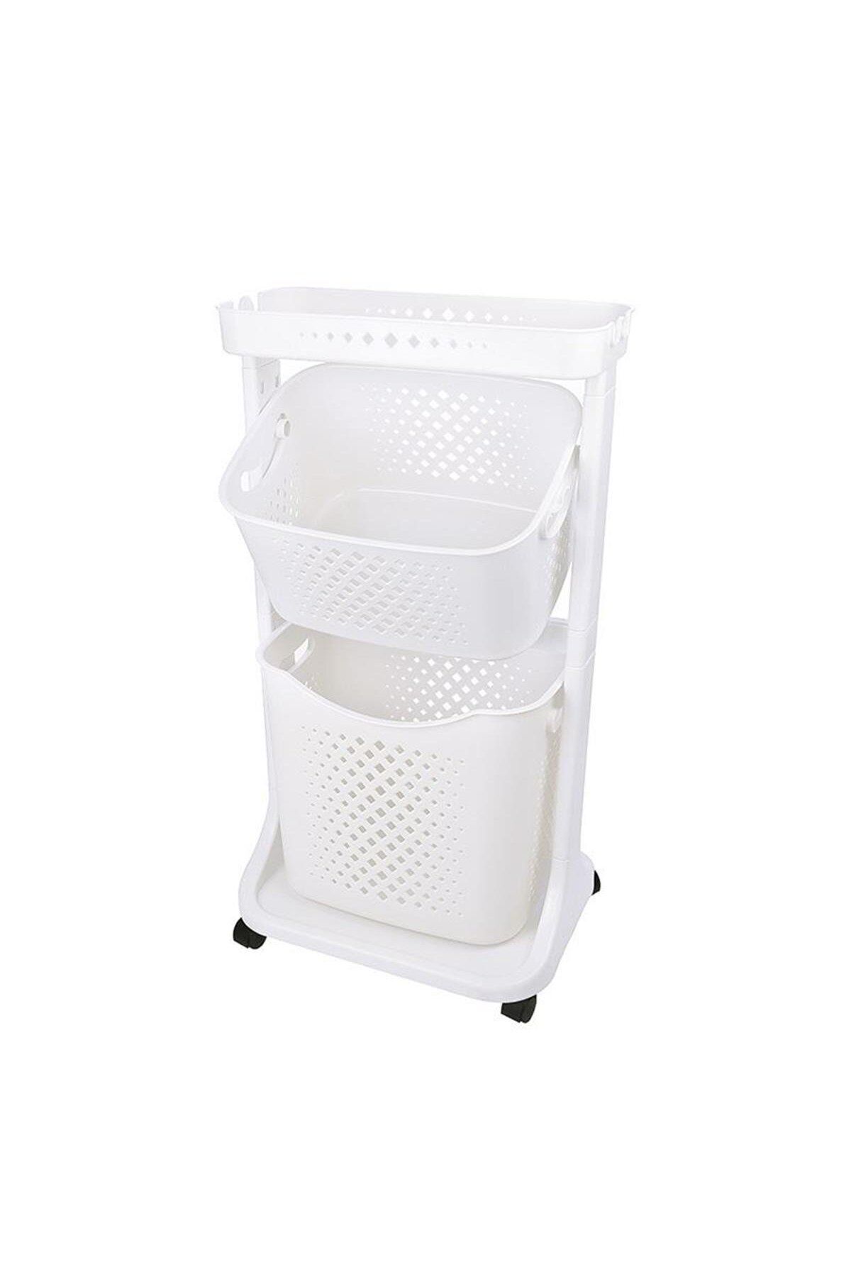2 Katlı Sepet Titiz Kat Kat Organizer Çok Amaçlı Tekerlekli Banyo Mutfak Düzenleyici NO2 Beyaz