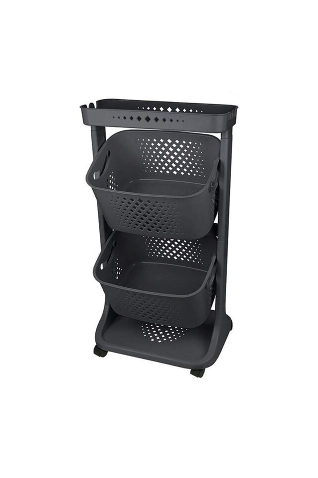 2 Katlı Çok Amaçlı Tekerlekli Sepet Titiz Kat Kat Organizer Banyo Mutfak Düzenleyici Siyah