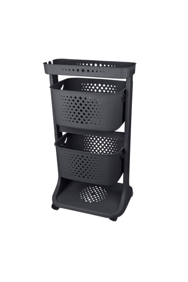 2 Katlı Çok Amaçlı Tekerlekli Sepet Titiz Kat Kat Organizer Banyo Mutfak Düzenleyici Siyah