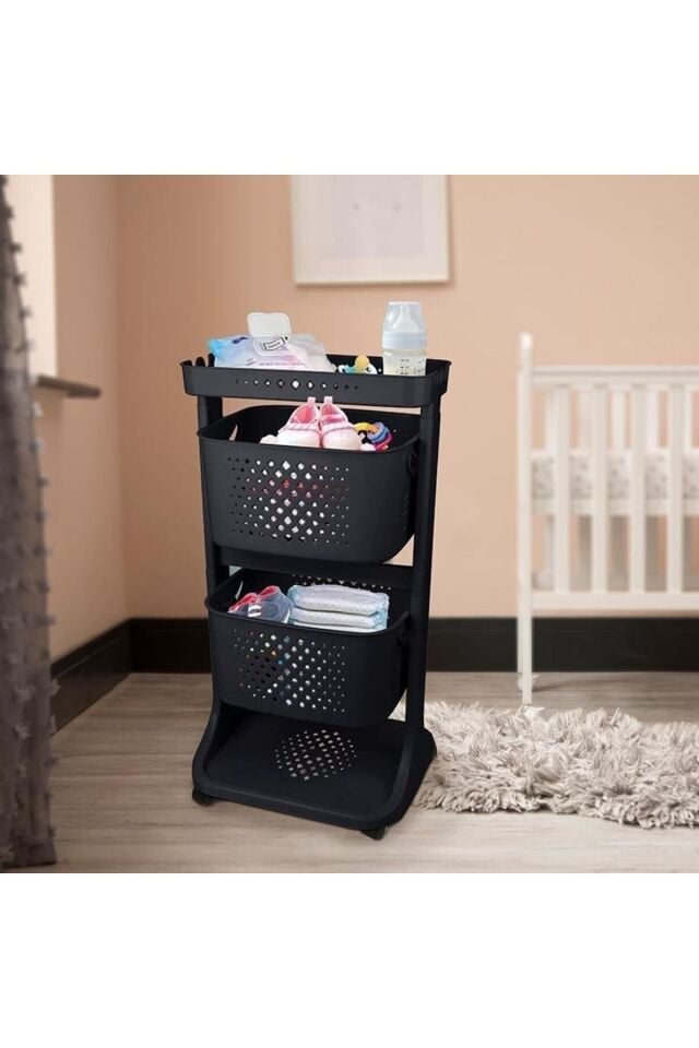 2 Katlı Çok Amaçlı Tekerlekli Sepet Titiz Kat Kat Organizer Banyo Mutfak Düzenleyici Siyah