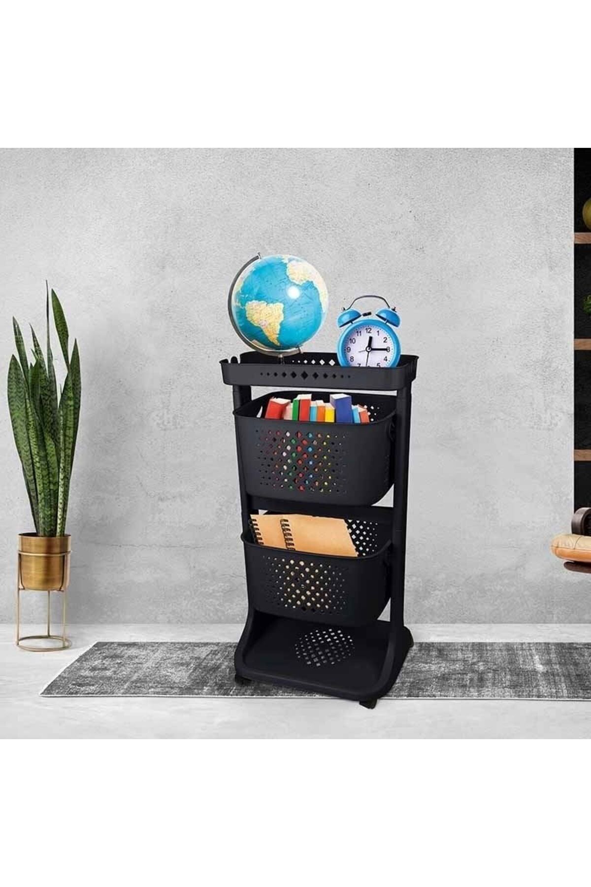 2 Katlı Çok Amaçlı Tekerlekli Sepet Titiz Kat Kat Organizer Banyo Mutfak Düzenleyici Siyah